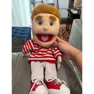 Sunny Puppets Boy Puppet Red Stripe Shirt Pants Shoes Mouth Movable Plush Toy